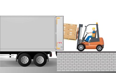 Forklift karton kutularla dolu paletleri kamyona yükler. Depo, tasnif ve teslimat. Depolama ekipmanları. Düz vektör illüstrasyonu.