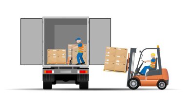 Forklift kamyonu ve palet kamyonuyla bir araba kamyonu yüklemek. Lojistik ve mal teslimatı. Düz vektör illüstrasyonu.