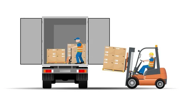 Forklift kamyonu ve palet kamyonuyla bir araba kamyonu yüklemek. Lojistik ve mal teslimatı. Düz vektör illüstrasyonu.