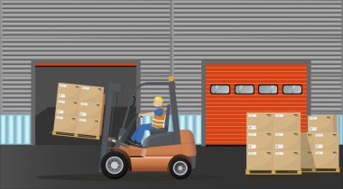 Bir endüstriyel forklift ve şoför paletleri depoya taşıyorlar. Teslimat, tasnif ve depolama. Depo lojistik kompleksi. Düz vektör illüstrasyonu.