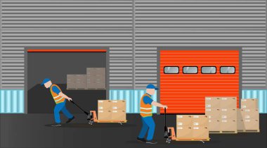 Depo lojistik kompleksinin işi. Yükleyiciler palet kamyonlarını kullanarak kutularla paletleri taşır. Depolama ekipmanları. Vektör illüstrasyonu.