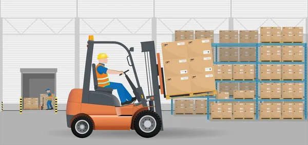 Moving Pallets Boxes Warehouse Means Hydraulic Forklift Truck Storage Sorting — Stock Vector