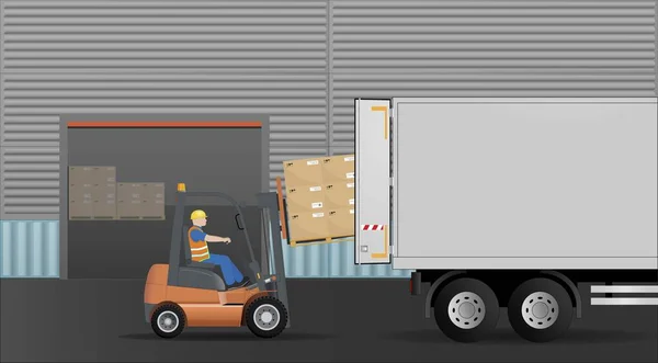 Ένα Περονοφόρο Φορτώνει Παλέτες Χαρτόκουτα Ένα Φορτηγό Αποθήκευση Διαλογή Και — Διανυσματικό Αρχείο