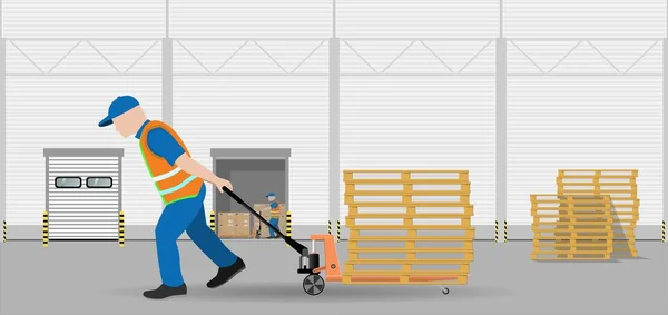 Loader Warehouse Moves Empty Wooden Pallets Warehouse Hand Pallet Truck —  Vetores de Stock
