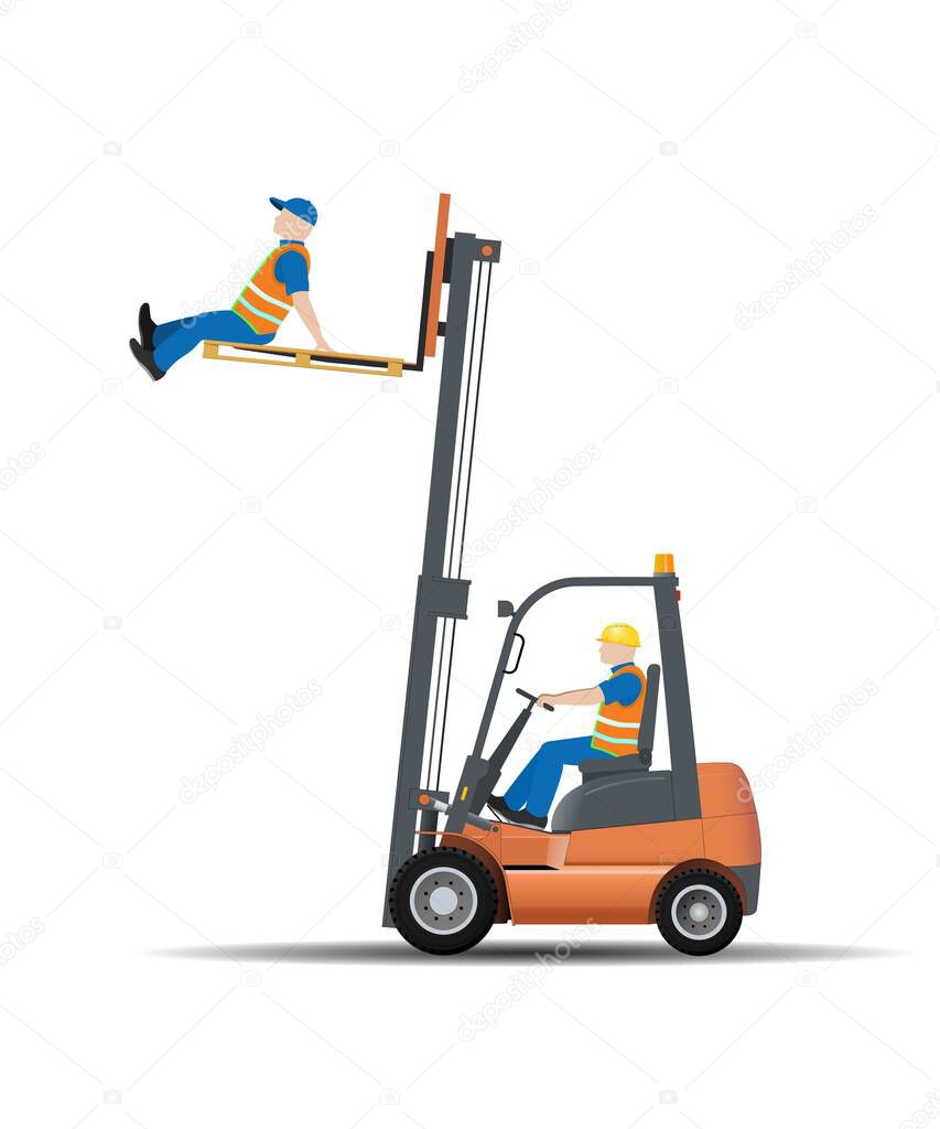 Dangers of working with a forklift truck. Lifting a person on a pallet is prohibited. Flat vector illustration.