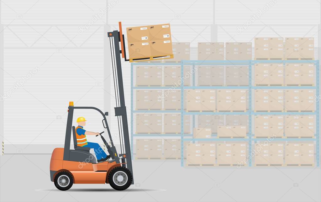 Moving pallets with boxes and lifting them onto racks in the warehouse using a hydraulic forklift. Stacking. Storage, sorting and delivery. Storage equipment. Vector illustration.