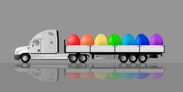 Szczęśliwego Wielkanocy Nowoczesna Amerykańska Ciężarówka Naczepą Przewozi Jajka Święta Refleksja — Wektor stockowy