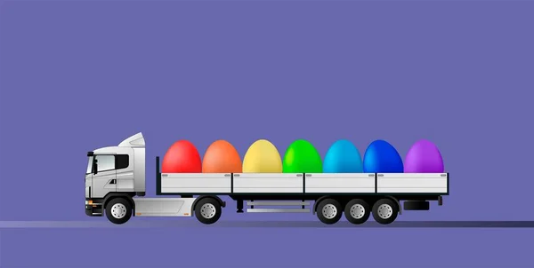 Happy Easter. A modern European truck with a semi-trailer is carrying eggs for the holiday. Very peri background. Flat vector illustration.