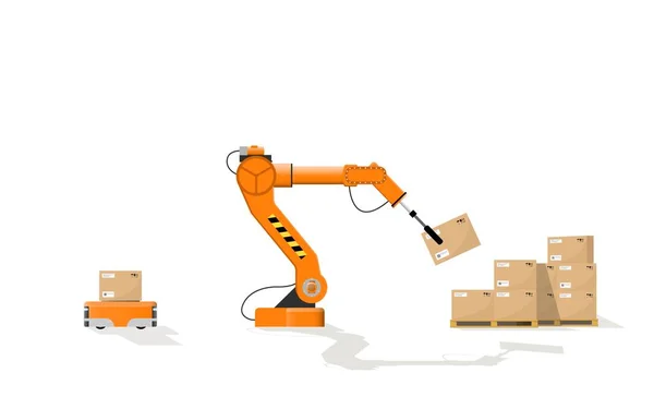 Robotická Paže Zvedne Krabici Robotického Vozíku Naskládají Palety Koncept Automatizace — Stockový vektor