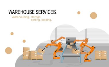Warehouse Services. Warehousing, storage, sorting, loading of goods. Modern automated warehouse logistics center. Robot hand. Flat vector illustration.