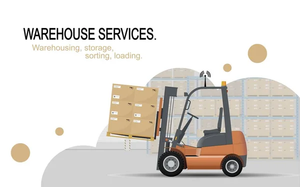 Warehouse Services Warehousing Storage Sorting Loading Goods Automatic Robotic Forklift — Vettoriale Stock