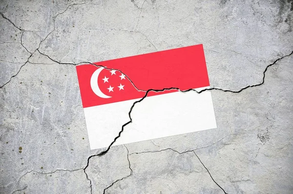 Duvarda çatlak olan Singapur bayrağının eski bir resmi. Bir kriz..