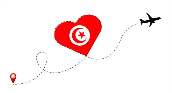 Trasa Lotu Samolotem Tunezyjską Flagą Sercu Podróż Swojego Ulubionego Kraju — Wektor stockowy