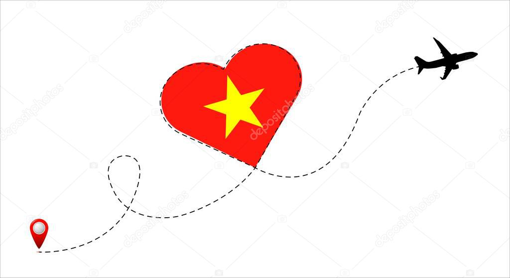 Airplane flight route with Vietnam flag inside the heart. Travel to your favorite country.
