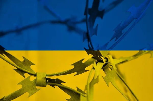 Image Abstraite Drapeau National Ukraine Avec Fil Fer Barbelé Torsadé — Photo