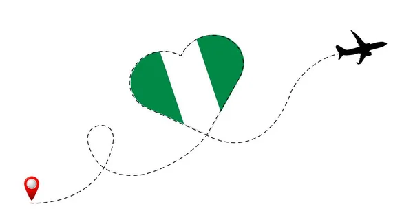 Маршрут Полета Самолета Флагом Нигерии Внутри Сердца Путешествие Вашу Любимую — стоковый вектор