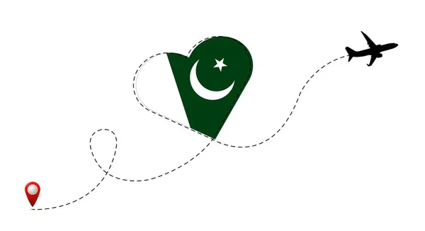 Trasa Lotu Samolotem Pakistańską Flagą Sercu Podróż Swojego Ulubionego Kraju — Wektor stockowy