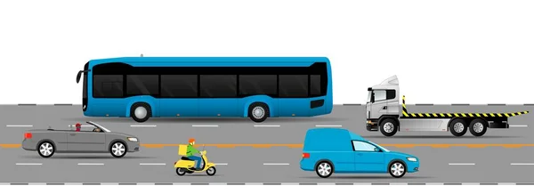 Straßenverkehr auf der Autobahn. Verschiedene Fahrzeuge unterwegs. Bus, Transporter, Cabrio, Abschleppwagen, Motorrad. — Stockvektor