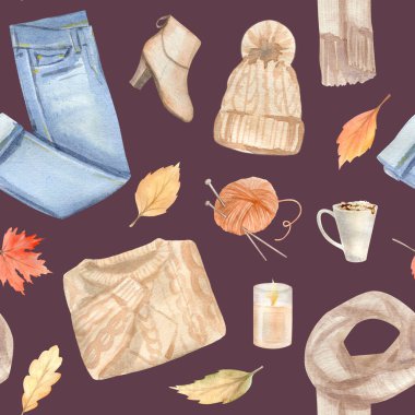 Sonbahar suluboya desenli, elle boyanmış sonbahar mevsiminin rahat sembolleri..