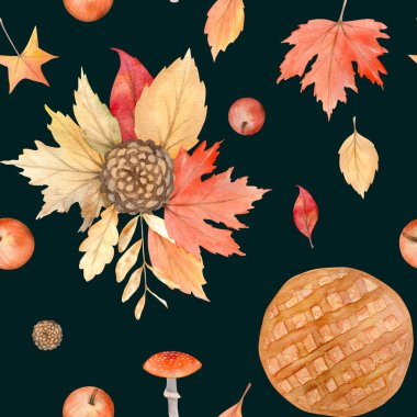 Sonbahar suluboya desenli, elle boyanmış sonbahar mevsiminin rahat sembolleri..