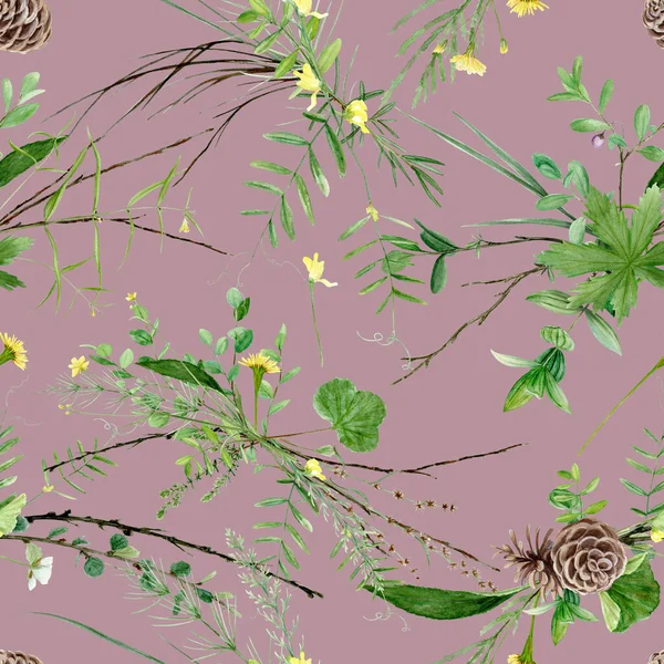 Patrón floral inconsútil con plantas y flores de bosque acuarela, pintura artística fondo natural —  Fotos de Stock