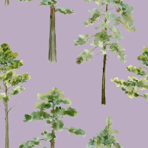 Sömlös akvarell mönster med tallar i skogen — Stockfoto
