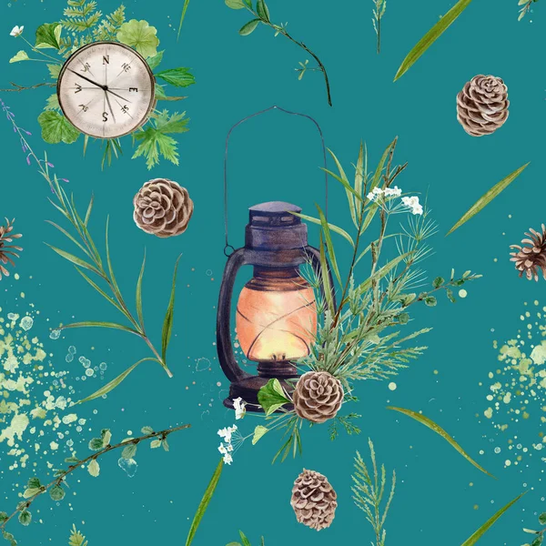 Nahtlose florale Muster mit Aquarell Waldpflanzen und Blumen, künstlerische Malerei natürlichen Hintergrund — Stockfoto