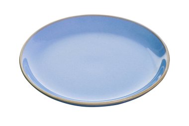 Empty blue plate with white edge, Blue plate isolated on white background with clipping path, Side view