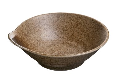 Klasik seramik kase, beyaz arka planda izole edilmiş boş kahverengi kase, kırpma yolu, yan görüş.  