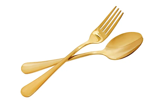 Gold Spoon Fork Isolated White Background Clipping Path — Stock Photo, Image