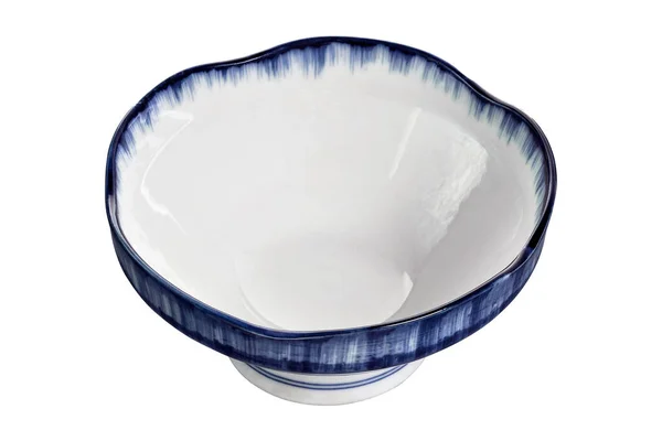 Biała Ceramiczna Miska Niebieskim Wzorem Akwareli Pusta Misa Wyizolowana Białym — Zdjęcie stockowe