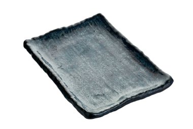 Boş dikdörtgen plaka, Kırpma yolu ile beyaz arka plan üzerinde izole siyah seramik plaka, Yan görünüm                            