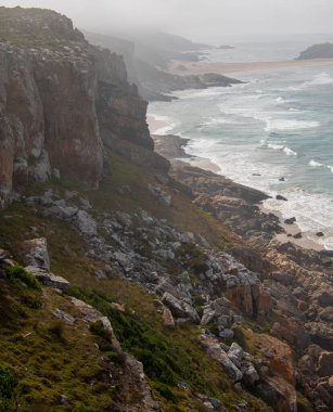 Güney Afrika 'daki Bahçe Yolu' ndaki Robberg Doğa Rezervi 'nin kayalık ve sisli kıyı şeridi.