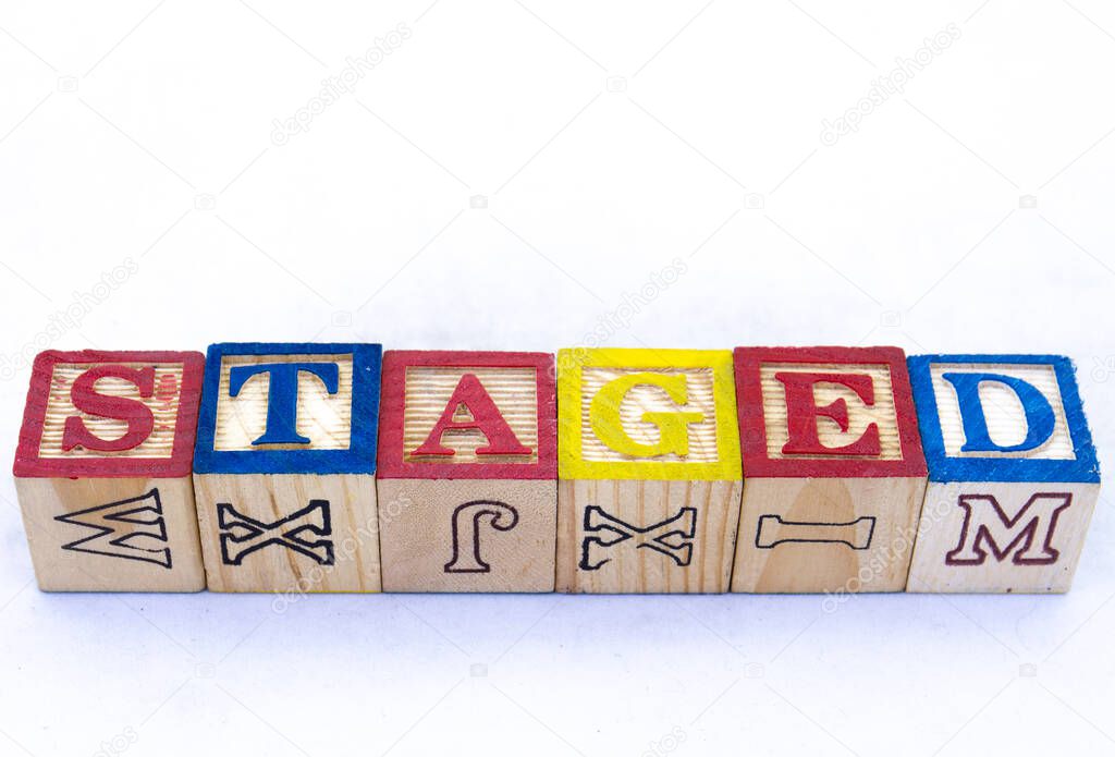 The term STAGED visually displayed on a clear background