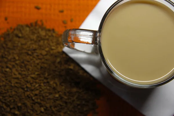Black Fresh Coffee Glass Mug Stands Bright Orange Napkin — Stock Photo, Image