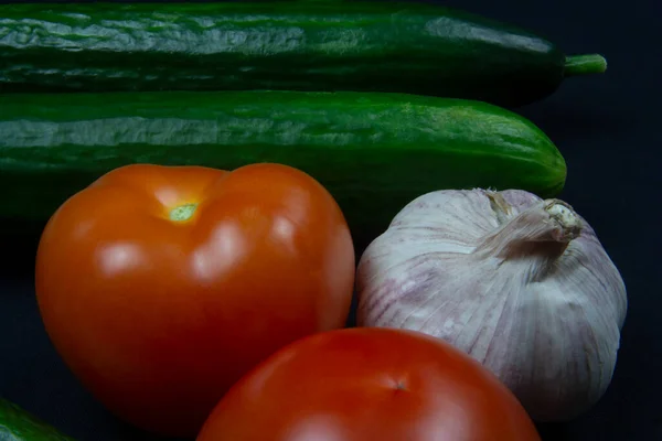 Selection Vegetables Preparation Dish Cucumbers Tomatoes — Fotografia de Stock