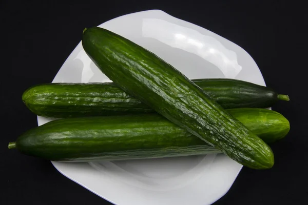 Long Cucumbers White Plate Table — Stok fotoğraf