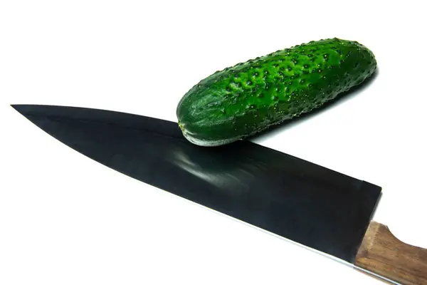 Isolated Knife Cucumber White Background — Stok fotoğraf