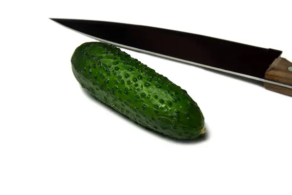 Isolated Knife Cucumber White Background — Stockfoto