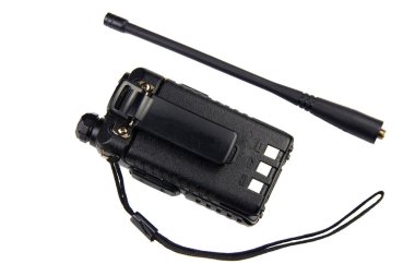 Black classic walkie-talkie with display, antenna and keyboard 
