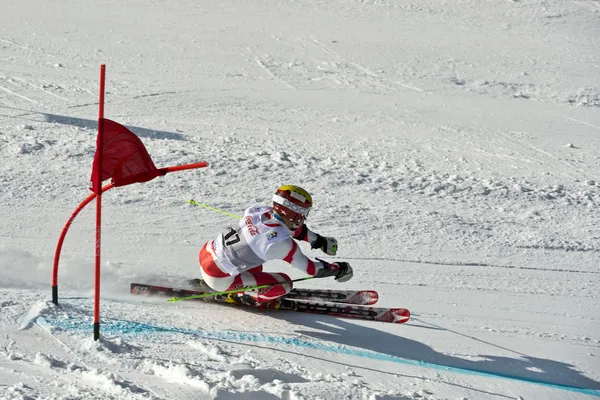 Brasov Rumunsko - evropskou mládež olympijský - zimní festival 2013. mladá lyžařka během soutěže slalomu. — Stock fotografie