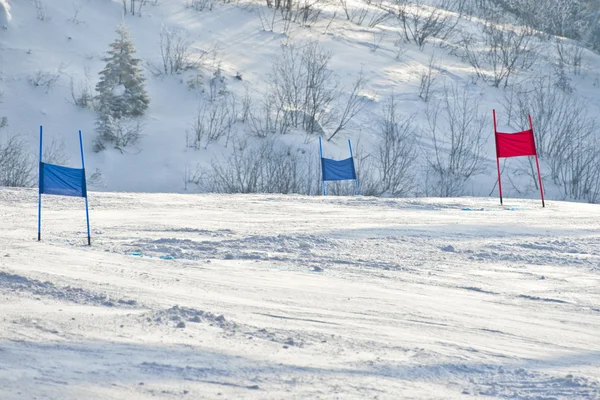 Ski grindar med röda och blå flaggor — Stockfoto