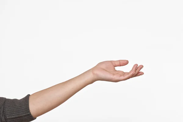 Primer plano de la mano de una hermosa mujer, con la palma en alto. Aislado sobre fondo blanco — Foto de Stock