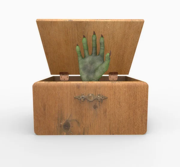 Wooden box with green hand — Stock Photo, Image