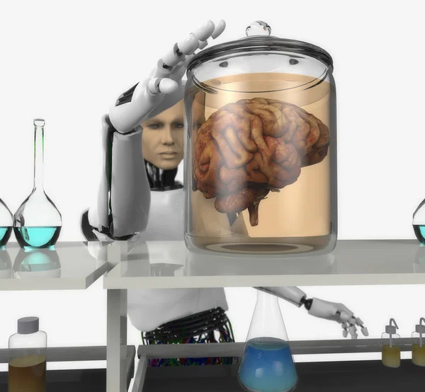 Humanoid touching glass jar with brain — Stockfoto