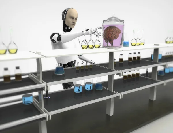 人形机器人的触摸玻璃罐与大脑 — 图库照片