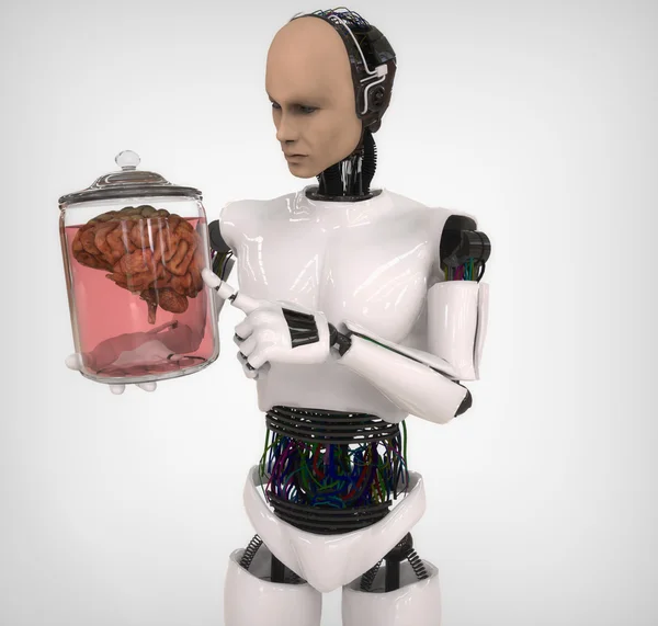 Android with a human body in glass jar — Stock Photo, Image