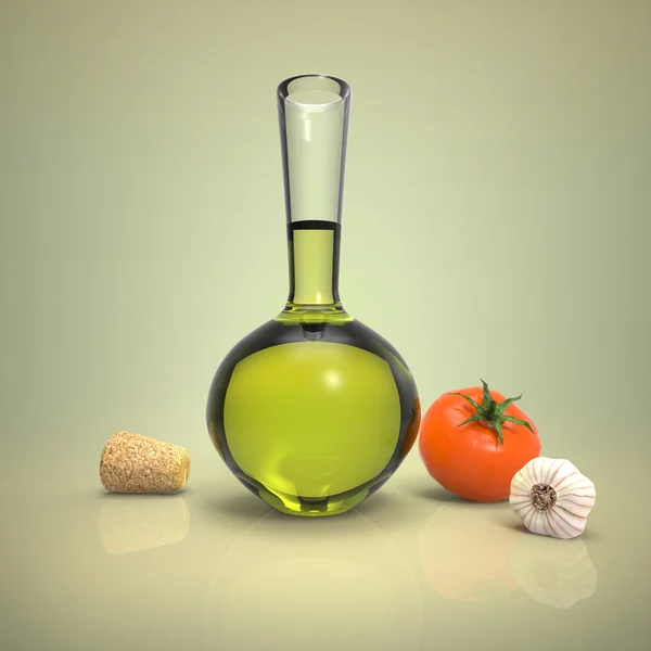 Bottiglia di olio con pomodoro e aglio — Foto Stock