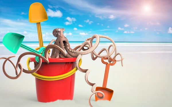 Octopus inside pail with shovel — Stock Photo, Image