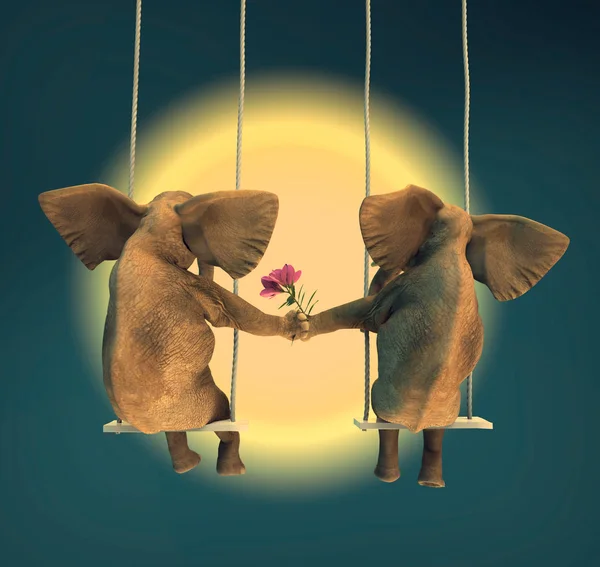 Two lovers elephants in the swing — Stock Photo, Image
